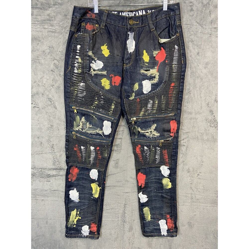 Vintage Americana Jeans Mens 36x33 Distressed Painted Double Knee Zipper Accents